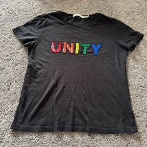 Alice + Olivia Black Tee with Colorful Sequin Unity